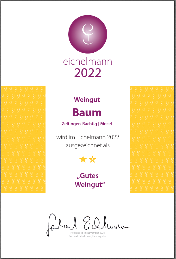 Eichelmann Weinbewertung - Urkunde 2022 für den Baum Weinhof