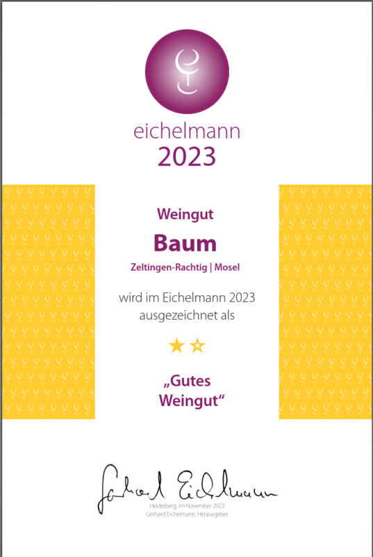 Weinführer Eichelmann - Urkunde für Weingut Baum, Mosel