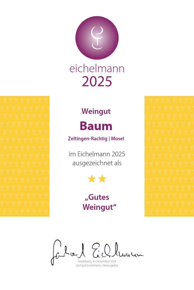 Weinführer Eichelmann, Urkunde 2025 für Weinhof Baum, Zeltingen